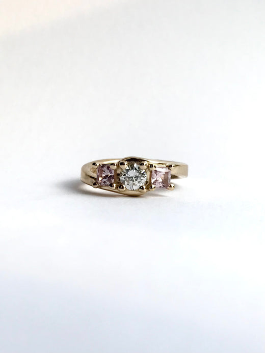 SOLID 9CT YELLOW GOLD, PINK SAPPHIRE AND DIAMOND ENGAGEMENT RING