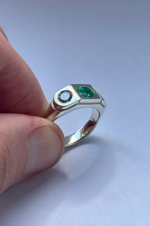 White Gold, Diamond & Emerald Engagement Ring