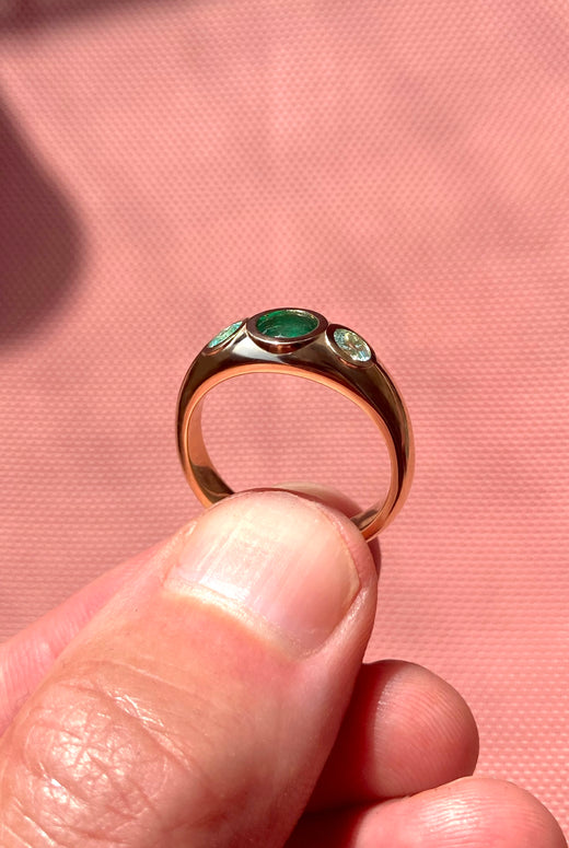 Solid 9ct Gold, Emerald and Tourmaline engagement ring