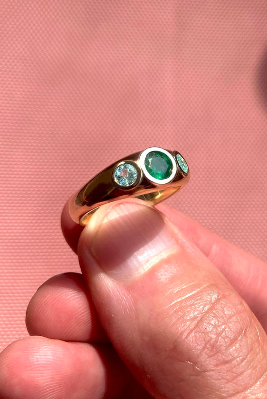 Solid 9ct Gold, Emerald and Tourmaline engagement ring